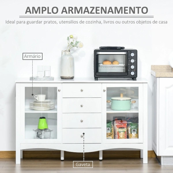 HOMCOM Aparador de Cozinha Armário Buffet com 2 Armários Porta de Vidro Prateleira Interior Ajustável e 4 Gavetas para Sala de Jantar Sala de Estar 136x45x85cm Branco - Image 4
