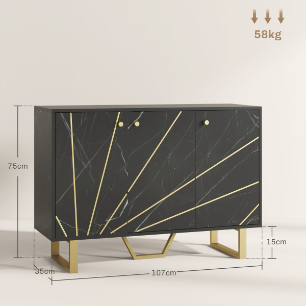 HOMCOM Aparador de Sala de Estar com 2 Armários e Prateleira Interior Ajustável com Efeito Mármore 107x35x75 cm Preto e Dourado - Image 3