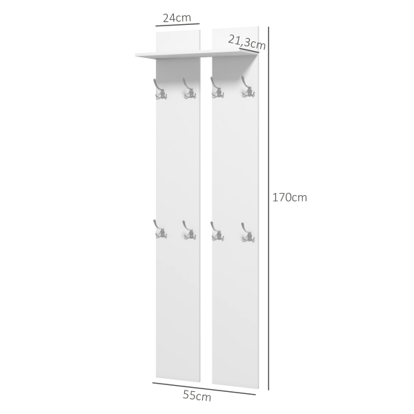 HOMCOM Móvel Cabide de Entrada de Parede Móvel de Entrada Moderno com 8 Ganchos e Prateleira  55x21,3x170 cm Branco - Image 3