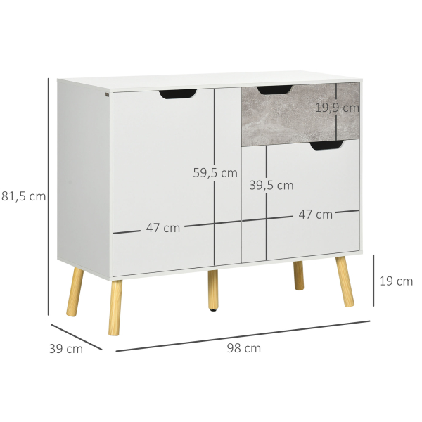 HOMCOM Aparador de Sala de Estar com 2 Portas e 1 Gaveta Aparador para Escritório Estúdio Dormitório 98x39x81,5cm Branco Cinza - Image 3