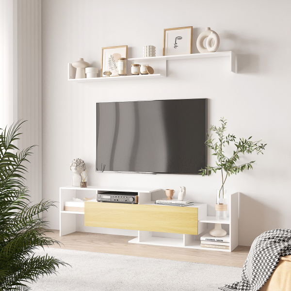 HOMCOM Móvel de TV Moderno Móvel para Televisores 153,6x25x42cm e Prateleira de Parede 150x14,5x16,3cm Branco e Madeira - Image 2