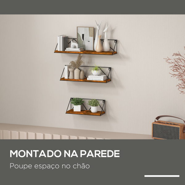 HOMCOM Conjunto de 3 Prateleiras de Parede Industrial Prateleiras Suspensas 30x12x12 cm 40x12x12 e cm 50x12x12 cm Madeira e Preto - Image 4