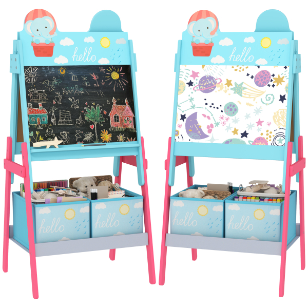 AIYAPLAY Cavalete para Crianças 2 em 1 Arsósia Infantil com Dupla Face 2 Caixas de Arrumação com Estampa em Animais 49x53,5x113 cm Azul