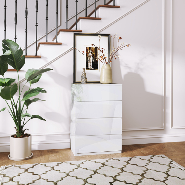 HOMCOM Cómoda com 4 Gavetas de Madeira Cómoda de Dormitório Cómoda Branca Estilo Moderno 55x33x80 cm Branco Brilhante - Image 2