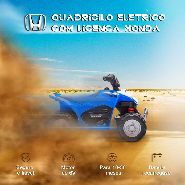 AIYAPLAY Quadriciclo Elétrico HONDA para Crianças de 18-36 Meses Quadriciclo Elétrico Infantil a Bateria 6V com Faróis LED Buzina Velocidade de 2,8km/h e Avance 65,5x35,5x43,5cm Azul - Image 4