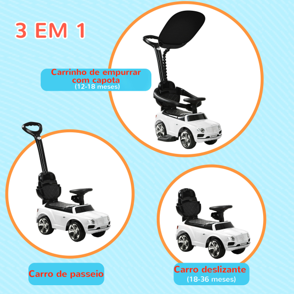 AIYAPLAY Carro Andador 3 em 1 com Licença Bentley Bentayga Carro Andador para Bebés com Guiador e Capô Desmontáveis Branco - Image 4