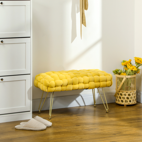 HOMCOM Apoio para os Pés Sala de Estar em Veludo com Pés de Metal e Assento Acolchoado para Dormitório Entrada 76x38x41,5 cm Amarelo - Image 2
