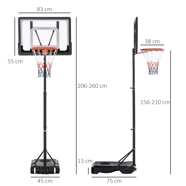 HOMCOM Tabela de Basquetebol para Exterior com Altura Ajustável  206-260 cm Rodas e Base Recarregável Preto - Image 3