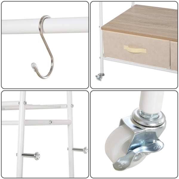 HOMCOM Suporte para Cabides de Metálico Cabideiro com Rodas Prateleira e 2 Gavetas para Organizar Roupas Bolsos 99x47x185cm Branco - Image 4