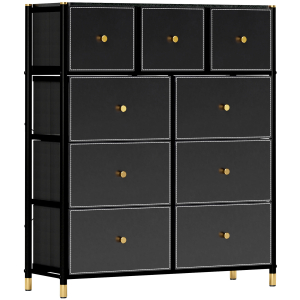 HOMCOM Cómoda para Dormitório de Tecido com 9 Gavetas Dobráveis com Frentes de Couro PU e Estrutura de Aço 88x30x103,5 cm Preto