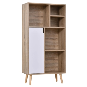 HOMCOM Móvel Aparador Alto Armário Auxiliar de Sala de Estar com 5 Compartimentos e 1 Porta Multiuso para Sala de Jantar Cozinha Dormitório 60x30x121cm Carvalho e Branco