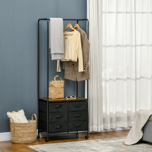 HOMCOM Cabideiro para Roupa com Rodas 6 Gavetas de Tecido Barra para Pendurar para Corredor Quarto 63,5x40x172,5 cm Castanho Rústico - Image 2