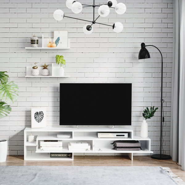 HOMCOM Móvel de TV para Sala de Estar Móvel para Televisor 180x33,5x42cm e 2 Prateleiras de Parede 65x20x20cm Branco - Image 4