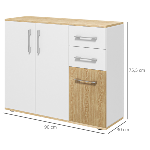 HOMCOM Aparador Sala de Estar Moderno com 2 Gavetas 2 Armários e Prateleiras Ajustáveis 90x30x75,5 cm Branco e Madeira - Image 3