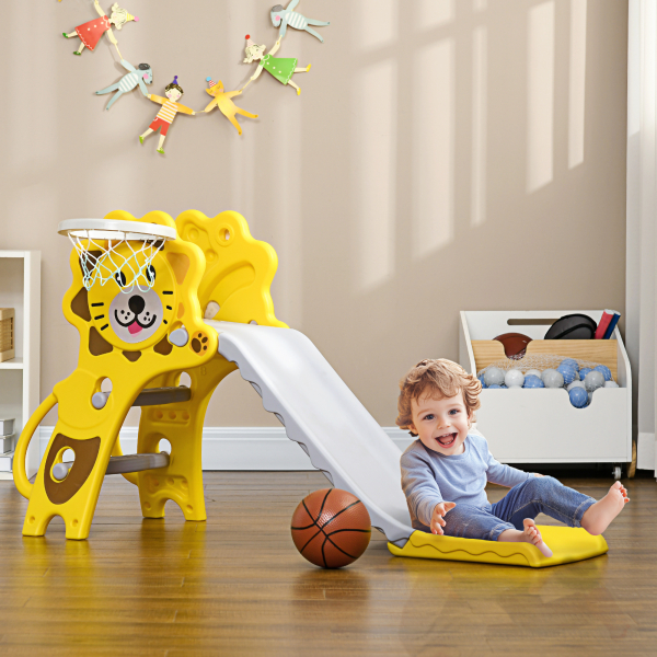 AIYAPLAY Escorrega para Crianças 2 em 1 com 2 Degraus Cesta de basquetebol e Desenho de Leão para Interior 131x50x74 cm Amarelo e Cinza - Image 2