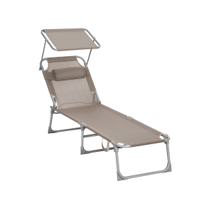 SONGMICS Espreguiçadeira, Cama de Sol, Cadeira de Sol Reclinável, com Apoio de Cabeça, Encosto Ajustável, Guarda-Sol, Leve, Dobrável, 53 x 193 x 29,5 cm, Capacidade de Carga 150 kg, para Jardim, Taupe GCB192K01
