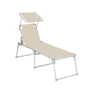 SONGMICS Espreguiçadeira, Cama de Sol, Cadeira de Sol Reclinável Grande, 65 x 200 x 48 cm, Capacidade de Carga 150 kg, com Encosto Reclinável, Guarda-Sol, Dobrável, para Jardim, Varanda, Terraço, Bege GCB26BE