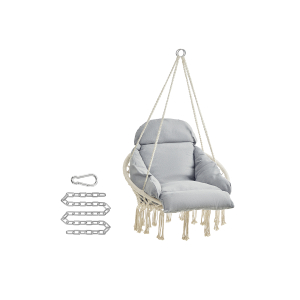 SONGMICS GDC042G01 Cadeira de balanço suspensa com almofada grossa, suporta até 120 kg, para jardim, varanda, sala de estar, pátio, estilo escandinavo, moderno, bege-cinza