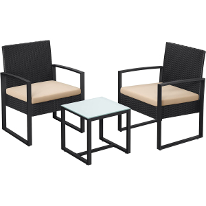 Conjunto de móveis de jardim e varanda SONGMICS GGF010M05, conjunto de sala de estar em polipropileno PE, mesa e 2 cadeiras, móveis de pátio, fácil montagem, para áreas externas, para pátio, varanda, jardim, preto/bege