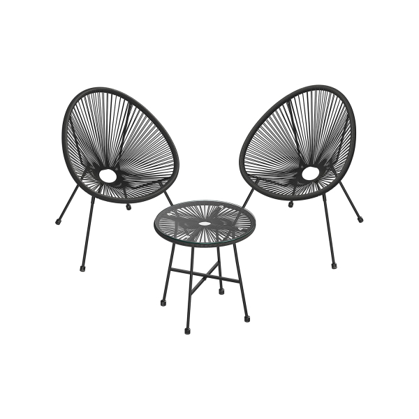 Conjunto de móveis de jardim e pátio SONGMICS, 3 peças, cadeira Acapulco, assentos para área externa, mesa com tampo de vidro e 2 cadeiras, conjunto para conversação interna e externa, preto GGF013B02