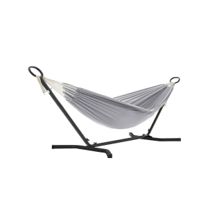Rede SONGMICS com suporte, rede de 210 x 150 cm, 5 alturas ajustáveis, rede portátil com estrutura de metal, capacidade de carga de 240 kg, pátio, jardim, quintal, suporte preto e rede cinza GHS001G01