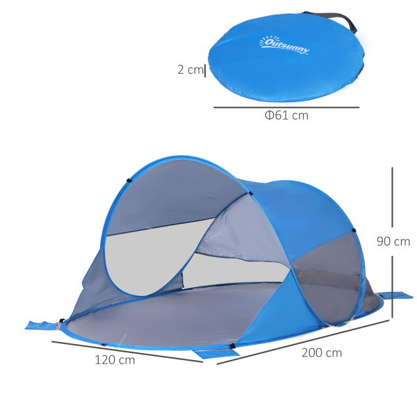 Outsunny Tenda de Praia Dobrável Pop-Up para 1-2 Pessoas com 1 Porta 2 Janelas e Bolsa de Transporte 200x120x90 cm Azul - Image 3