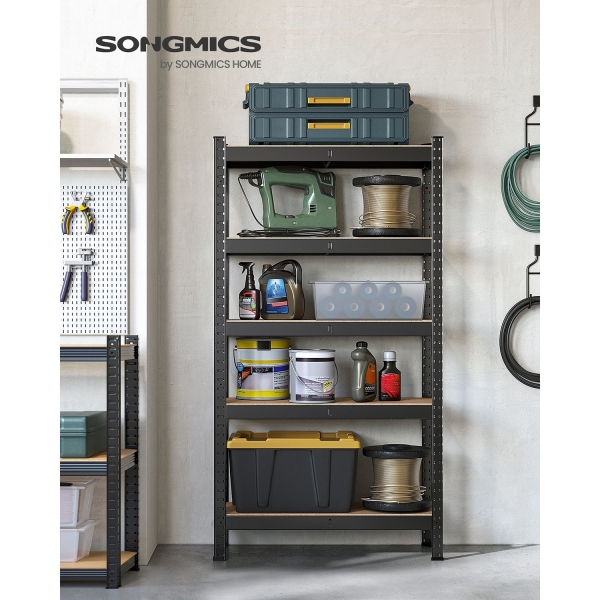 Unidade de prateleiras de aço SONGMICS de 5 níveis, montagem sem parafusos, unidade de prateleiras de garagem, capacidade de carga de 650 kg, 30 x 75 x 150 cm, preta, GLR030B21 - Image 2