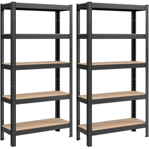 SONGMICS Pacote com 2 unidades de estantes de aço de 5 níveis, montagem sem parafusos, garagem, galpão, capacidade de carga de 650 kg, cada, 30 x 75 x 150 cm, preto GLR030B22