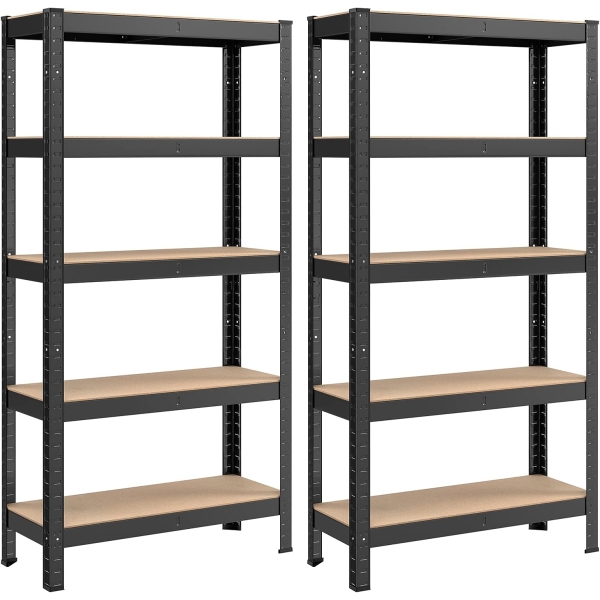 SONGMICS Pacote com 2 unidades de estantes de aço de 5 níveis, montagem sem parafusos, garagem, galpão, capacidade de carga de 650 kg, cada, 30 x 75 x 150 cm, preto GLR030B22
