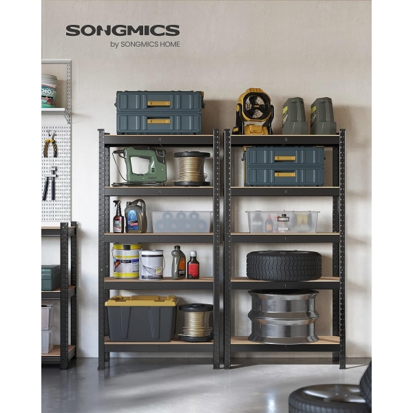 SONGMICS Pacote com 2 unidades de estantes de aço de 5 níveis, montagem sem parafusos, garagem, galpão, capacidade de carga de 650 kg, cada, 30 x 75 x 150 cm, preto GLR030B22 - Image 2