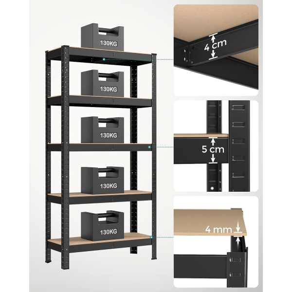 SONGMICS Pacote com 2 unidades de estantes de aço de 5 níveis, montagem sem parafusos, garagem, galpão, capacidade de carga de 650 kg, cada, 30 x 75 x 150 cm, preto GLR030B22 - Image 3