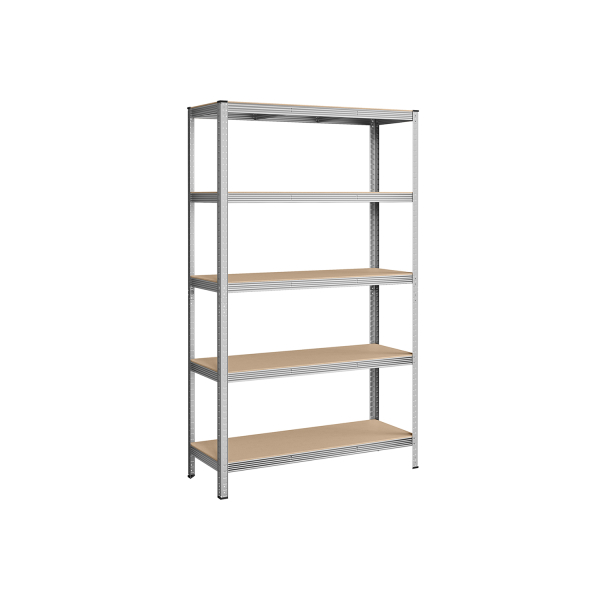 Estante 5 níveis, estrutura em aço, montagem sem ferramentas, carga ~875 kg, 60 x 120 x 200 cm, cor prateada