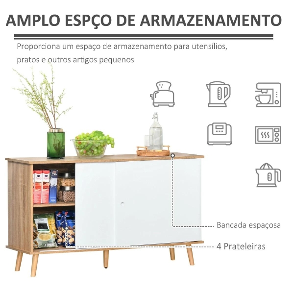 HOMCOM Móvel Aparador tipo Buffet para Sala de Jantar Cozinha com 2 Portas Corredeiras Prateleiras Interior Ajustáveis e Pés de Madeira 130x40x74,5cm Natural e Branco - Image 4