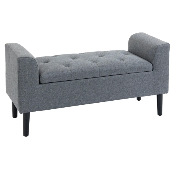 HOMCOM Banco para Pé de Cama Acolchoado com Espaço de Armazenamento Banco Multifuncional com Braços Tampa e Pés de Madeira para Dormitórios Sala de Estar 116x44x58 cm Cinza