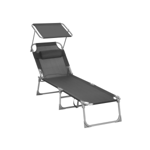SONGMICS Espreguiçadeira, Cama de Sol, Cadeira de Sol Reclinável, com Apoio de Cabeça, Encosto Ajustável, Guarda-Sol, Leve, Dobrável, 53 x 193 x 29,5 cm, Capacidade de Carga 150 kg, para Jardim, Cinza Escuro GCB19UV1
