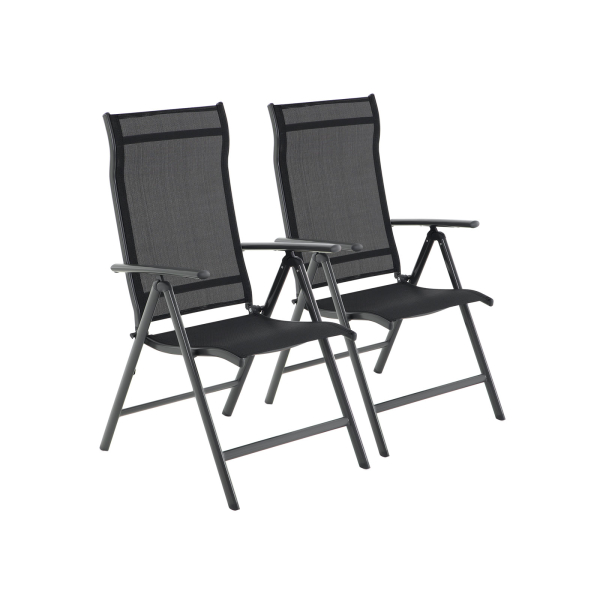 Conjunto de 2 cadeiras dobráveis ​​de jardim SONGMICS, cadeiras para áreas externas com estrutura de alumínio durável, encosto reclinável em 8 ângulos, capacidade máxima de 120 kg, pretas GCB29BK