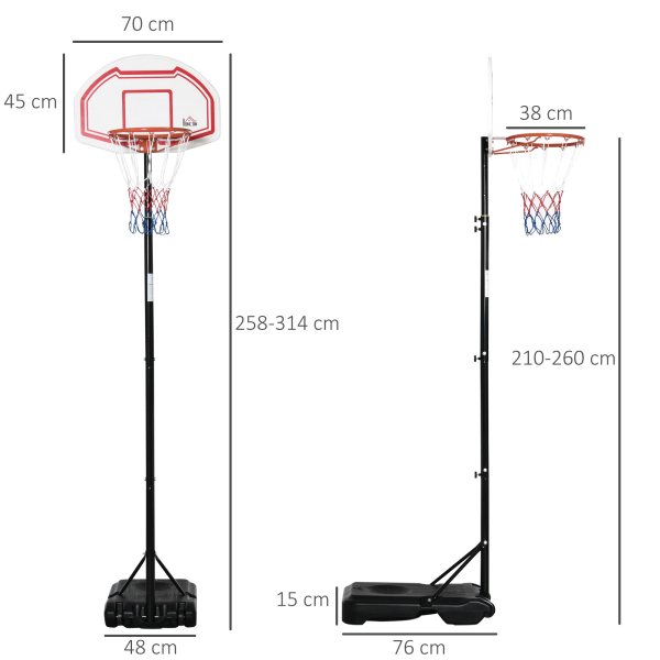 HOMCOM Tabela de Basquetebol para Exterior com Altura Ajustável 258x314 cm com Rodas Base Recaregável Preto e Vermelho - Image 3