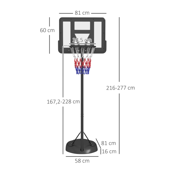 SPORTNOW Tabela de Basquetebol com Altura Ajustável 216-277 cm Aro de Basquetebol para Exterior com Rodas e Base Recarregável Preto - Image 3