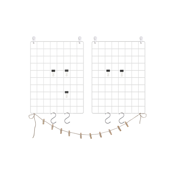 Painéis de grade SONGMICS, Exibição de parede de fotos, Decoração de parede de malha de metal, Faça você mesmo, Parede de quadros suspensa, Gancho S, Clipe, Cordão de cânhamo, Conjunto de 2, Branco LPP01W