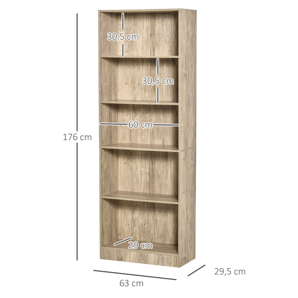 HOMCOM Estante para Livros de 5 Níveis com Prateleira Ajustável e Desenho Anti-Tombo Estante de Armazenamento 63x29,5x176 cm Madeira - Image 3