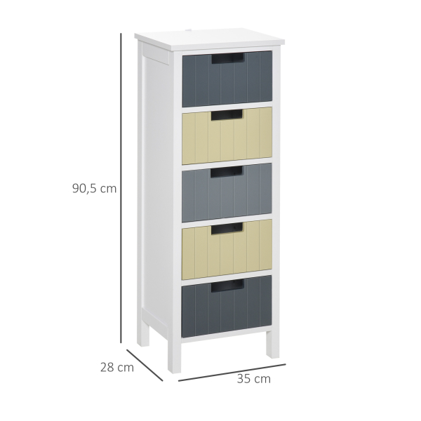 HOMCOM Cómoda de Madeira com 5 Gavetas Cómoda Auxiliar de Armazenamento com Pés Elevados Estilo Moderno para Dormitório Sala de Estar Casa de Banho 35x28x90,5cm Multicor - Image 3