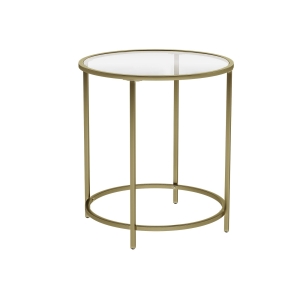 Mesa lateral redonda VASAGLE, mesa lateral de vidro temperado com estrutura de metal dourado, mesa de centro pequena, mesa de cabeceira, sala de estar, varanda, robusta e estável, decorativa, dourada LGT20G