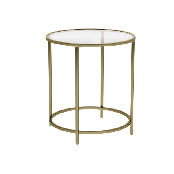 Mesa lateral redonda VASAGLE, mesa lateral de vidro temperado com estrutura de metal dourado, mesa de centro pequena, mesa de cabeceira, sala de estar, varanda, robusta e estável, decorativa, dourada LGT20G