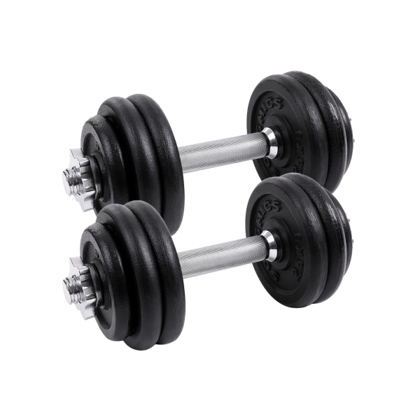 Conjunto de 2 halteres de ferro fundido SONGMICS, 2 anilhas de 15 kg, ajustável para treino masculino e feminino, empunhadura de aço, treinamento físico, levantamento de peso, academia em casa, preto SYL30T