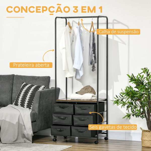 HOMCOM Cabideiro para Roupa com Rodas 6 Gavetas de Tecido Barra para Pendurar para Corredor Quarto 63,5x40x172,5 cm Castanho Rústico - Image 4