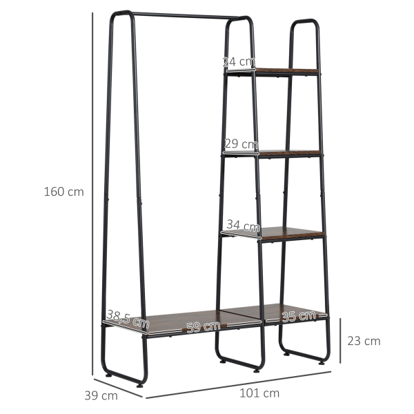 HOMCOM Suporte para Cabides com 4 Prateleiras de Armazenamento e Barra de Pendurar Estilo Industrial 101x39x160cm Marrom e Preto - Image 3