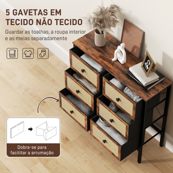 HOMCOM Cómoda para Dormitório Cómoda de Tecido com 6 Gavetas Dobráveis com Frentes de Vime 88x30x83 cm Marrom Rústico - Image 4