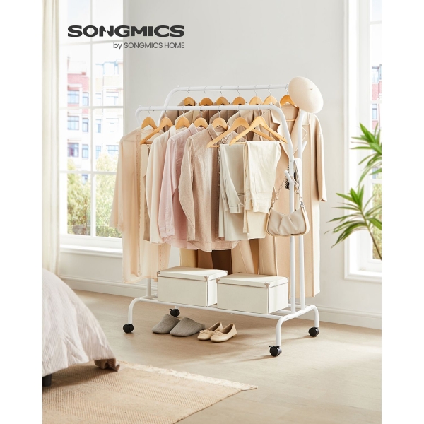 Cabideiro SONGMICS, Suporte Duplo para Roupas, Estrutura de Metal Resistente, com Rodas e Prateleira, Carga Máxima Total de 100 kg, 103,5 cm de Largura, Armazenamento de Roupas, Branco HSR107W01 - Image 2