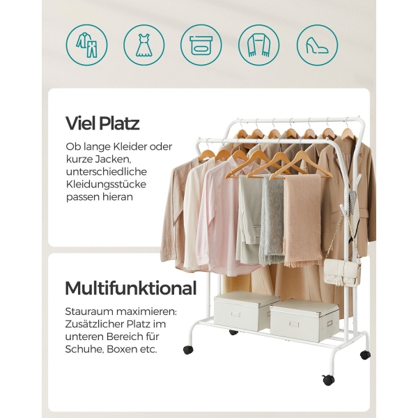 Cabideiro SONGMICS, Suporte Duplo para Roupas, Estrutura de Metal Resistente, com Rodas e Prateleira, Carga Máxima Total de 100 kg, 103,5 cm de Largura, Armazenamento de Roupas, Branco HSR107W01 - Image 3