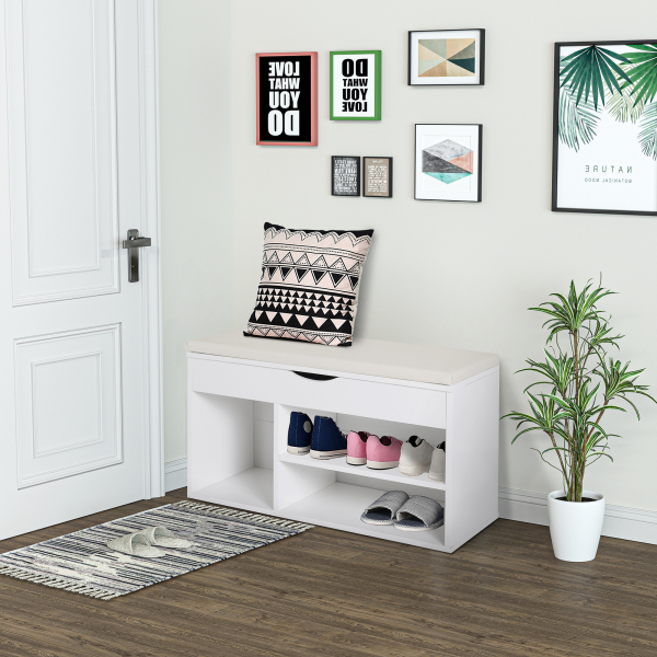 HOMCOM Banco Sapateira com Armazenamento Gaveta Prateleira e Assento Acolchoado para Entrada Estilo Moderno 80x30x47cm Branco - Image 2